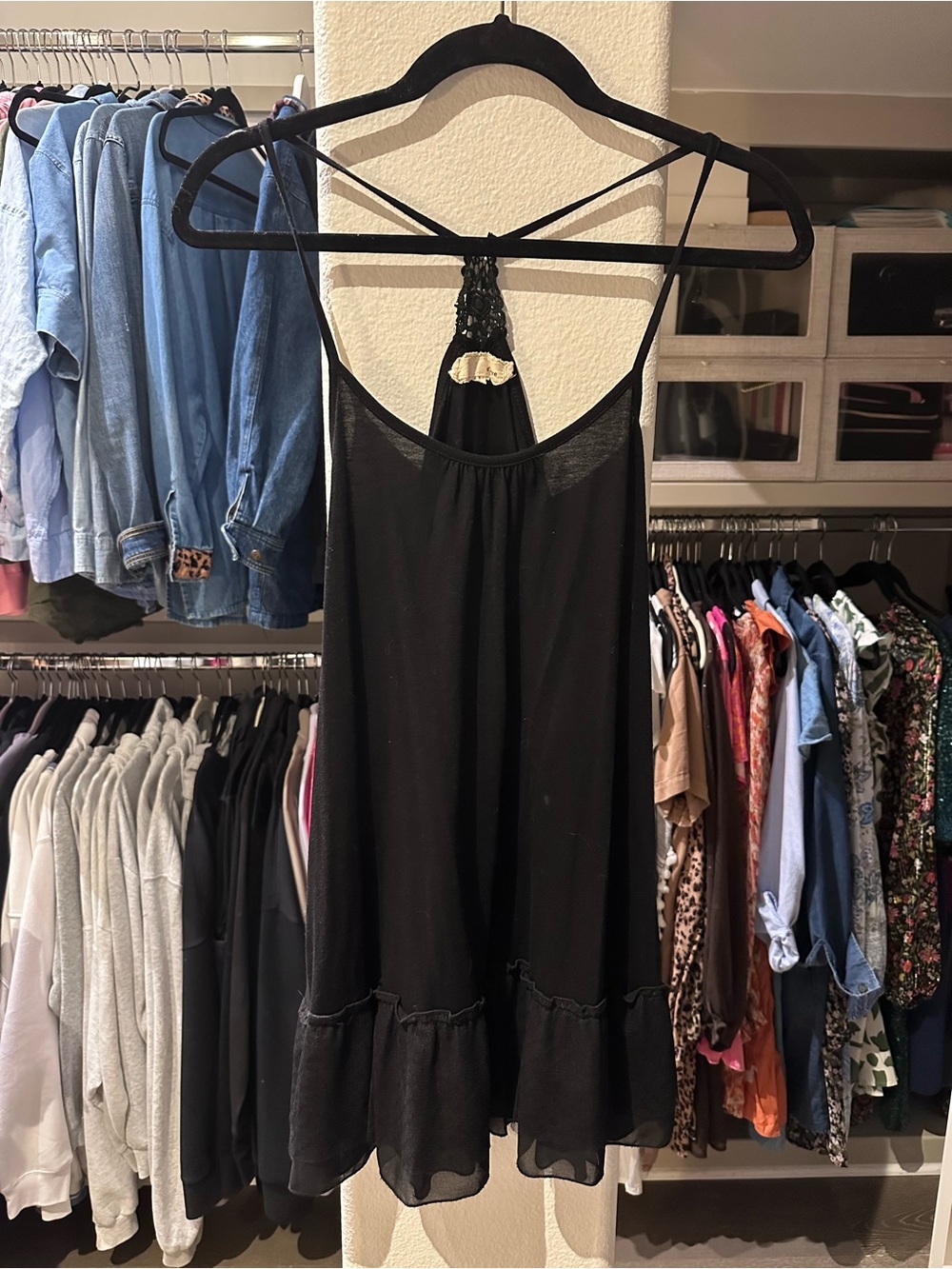 Black Strapy Ruffled Hem Tunic/Tank